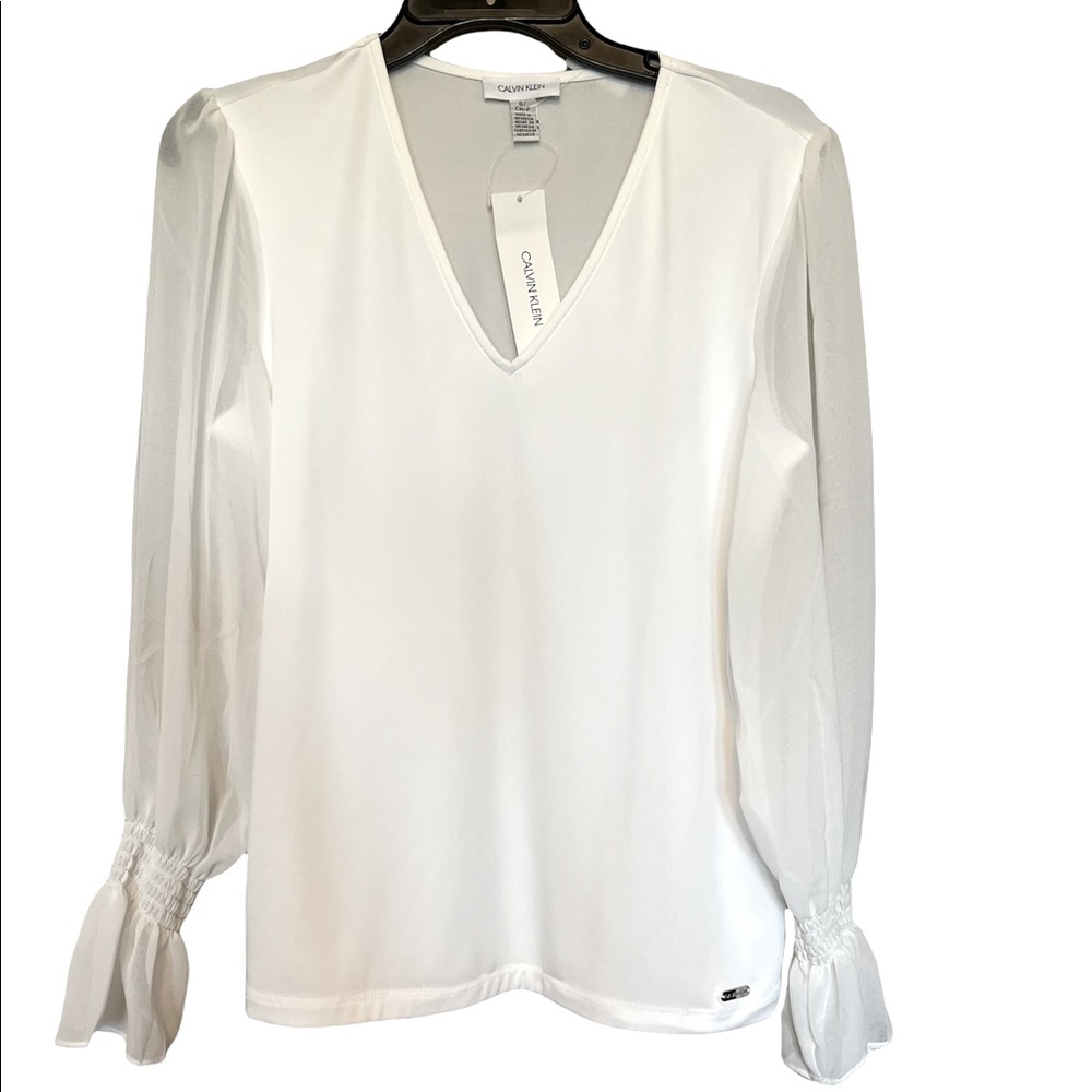 NWT Calvin Klein Alabaster White V-Neck Sheer Long Sleeve Blouse Top S/M